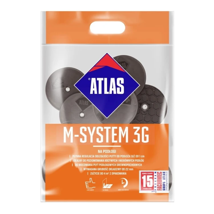 ATLAS M-system UNO do podłogi, łączniki talerzykowe przeznaczone do mocowania wewnątrz pomieszczeń