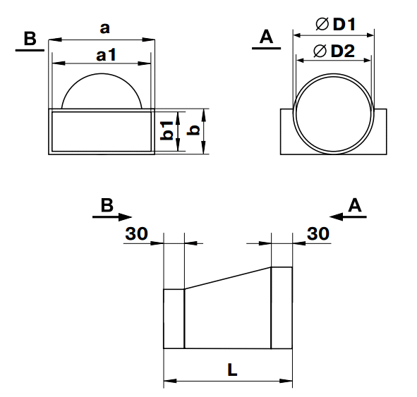Vents 970 Łącznik przekrojów zmiennych w płaszczyźnie bocznej 220 x 90 mm na kanał fi 150 mm