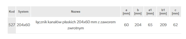 Vents 527 Łącznik kanałów płaskich z zaworem zwrotnym 204 x 60 mm