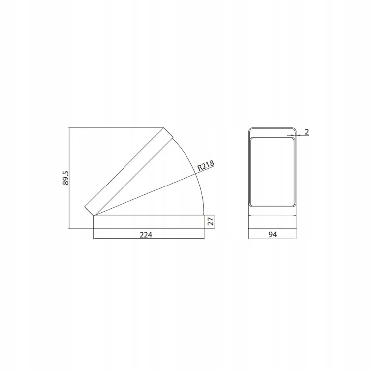Vents 955 Kolano wentylacyjne poziome 45° łącznik do kanału 220 x 90 mm