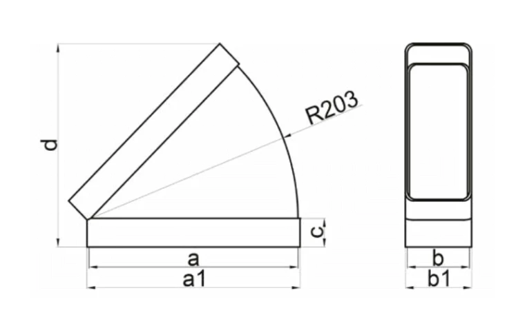 Vents 555 Kolano wentylacyjne poziome 45° łącznik do kanału 204 x 60 mm