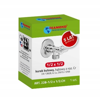 Diamond Zawór 1/2 Kulowy Kątowy Chrom do baterii pralki zmywarki DN15